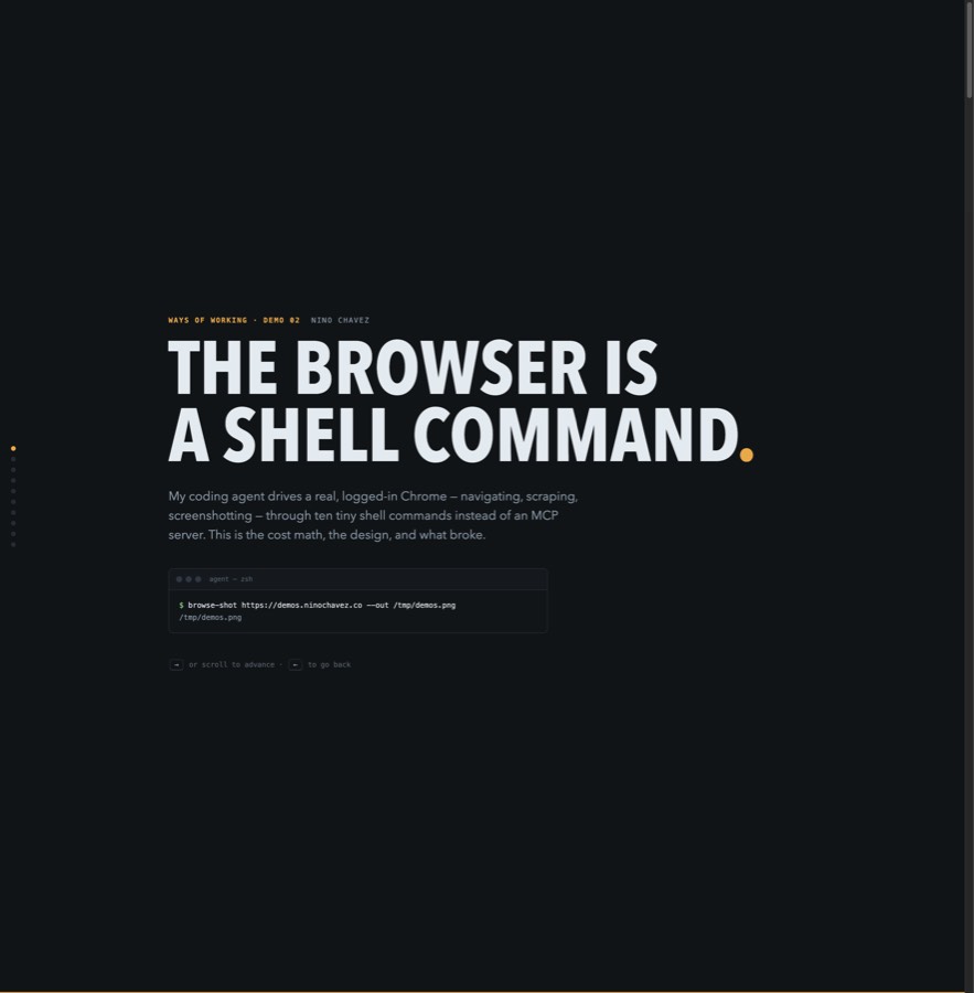 Demo 02 title slide: the browser is a shell command, with a real browse-shot transcript