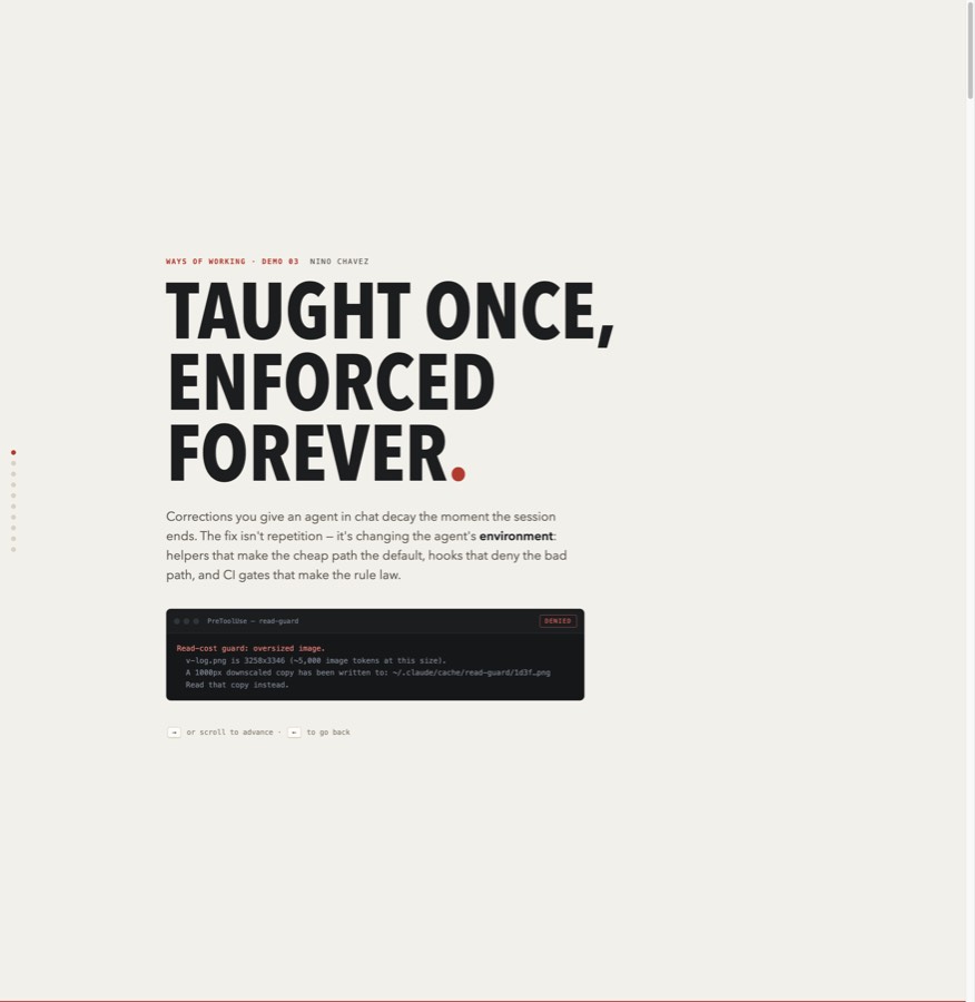 Demo 03 title slide, featuring a real read-guard denial of an oversized screenshot