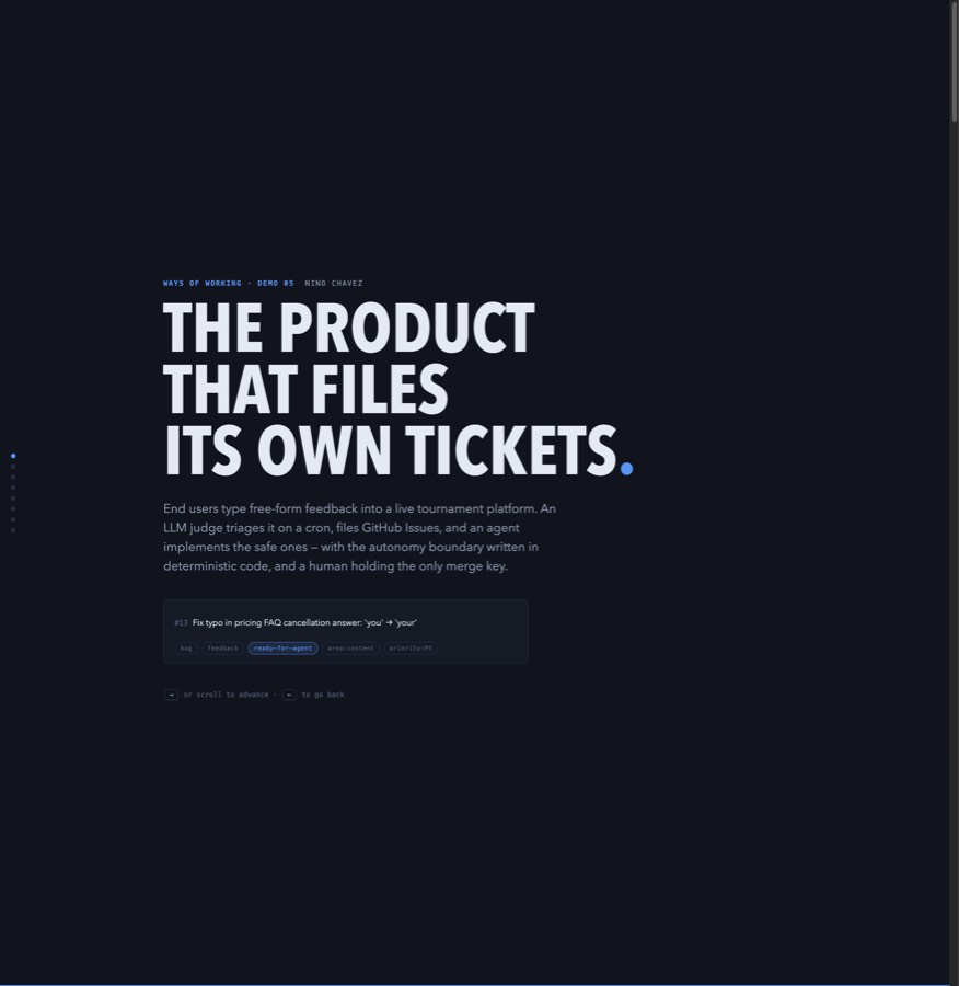 Demo 05 title slide with a real agent-lane ticket and its labels