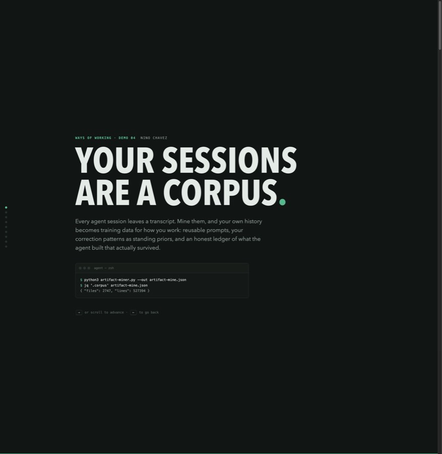 Demo 04 title slide: a real artifact-miner run over 2,747 transcripts